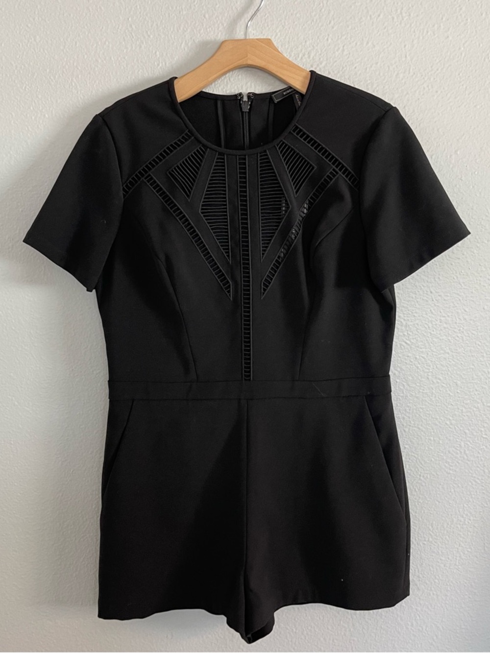 BCBGMaxAzria Black Short-Sleeve Romper with Geometric Cutouts